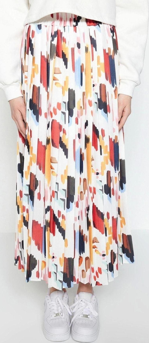 Moda Tesettür Regular Geometrik Desen Günlük Maxi Boy Geniş Piliseli Beli Lastikli Dokuma Etek