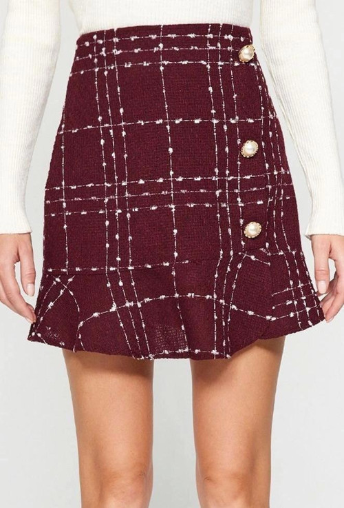 Moda Flare Ekose Desen Günlük Mini Boy Düğmeli Tüvit Kumaş Etek Ucu Volanlı Mini Dokuma Etek