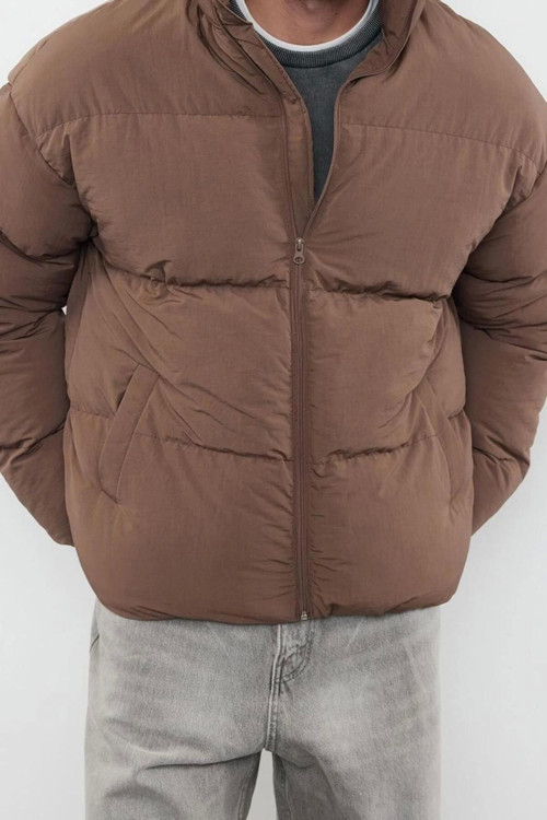 Tasarım Düz Astarlı Yaka Standart Bol Dik Unisex Oversize Fit Dik Yaka Şişme Kışlık Mont