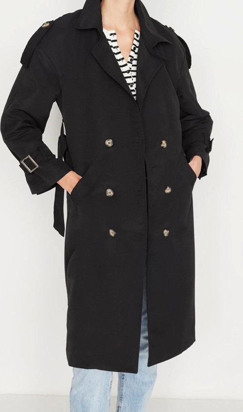 Tasarım Düz Astarlı Yaka Uzun Oversize Ceket Kadın Oversize Kuşaklı Trençkot