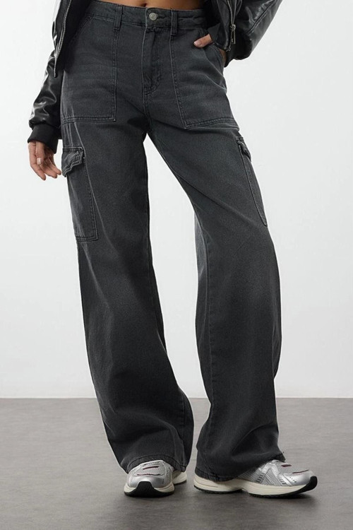 Stil Kadın Moda Denim Kot Pantolon Uzun Geniş Paça Antrasit Yüksek Bel Jeans