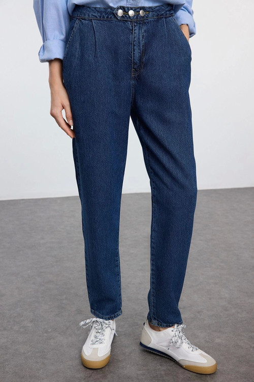 Stil Kadın Moda Denim Kot Pantolon Regular Boru Paça Düğme Detaylı Yüksek Bel Mom Jeans
