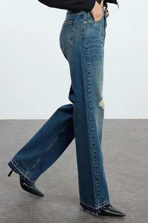 Stil Kadın Moda Denim Kot Pantolon Uzun Geniş Paça Yırtıklı Normal Bel Jeans