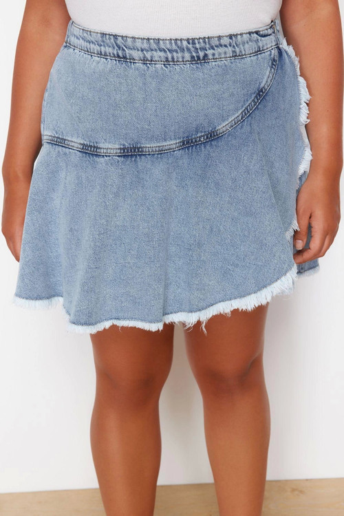 Büyük Beden Moda Denim Yüksek Bel Boru Paça Gündelik Açık Mavi Volan Detaylı Mini Şort Etek