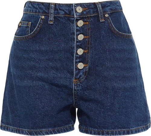 Moda Denim Yüksek Bel Geniş Paça Gündelik Koyu Mavi Önden Düğmeli Yüksek Bel Denim Şort