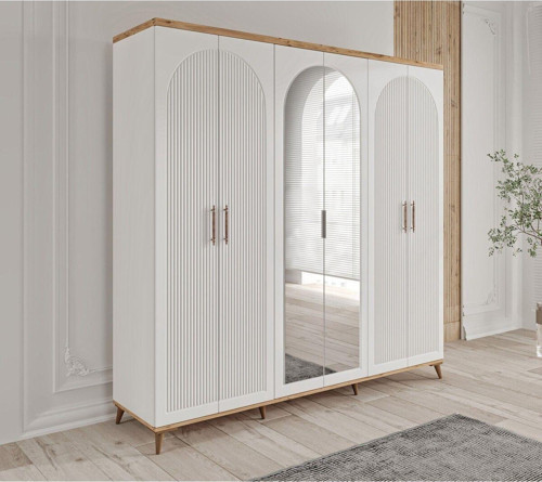 Ücretsiz Montaj -%100 MDF Nevada 6 Kapaklı - Aynalı Gardırop - MDF Dolap - Elbise Dolabı