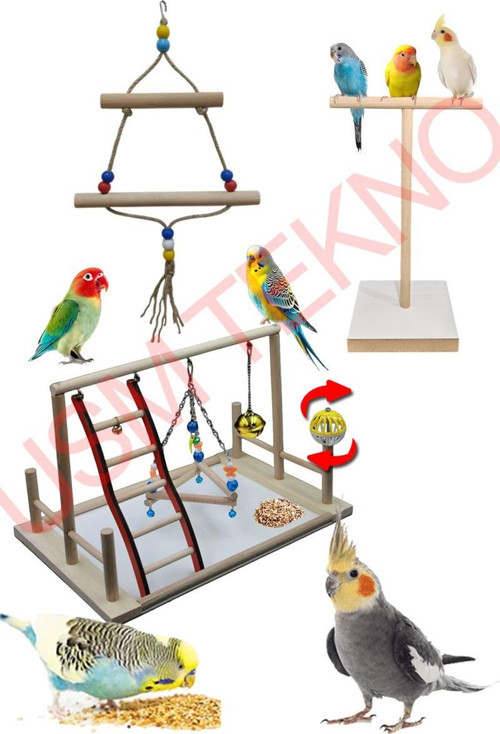 Kuş Oyuncağı Kuş Oyun Parkı Salıncak T Tünek 3 Lü Set Muhabbet Papağan Oyuncağı Kuş Aksesuarları