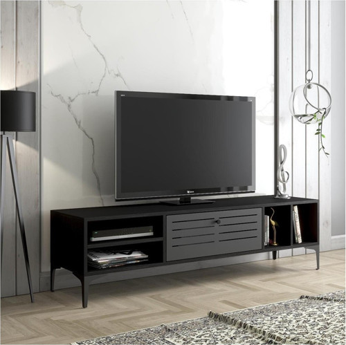 Era Premium Altıgen Desen Metal Ayaklı Metal Kapaklı Dolaplı Tv Ünitesi - Wood Siyah / Siyah