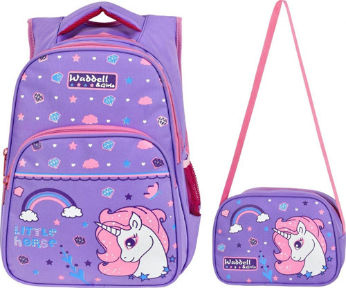 WaddellBag Kız Çocuk Mor Unicorn İlkokul Sırt Çantası ve Beslenme Çantası