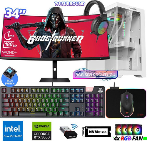 Delux X103 i5 14400F 16GB DDR5 Ram 512GB M.2 NVMe SSD 12GB RTX3060 34" 180Hz Sıvı Soğutmalı Oyuncu Bilgisayarı
