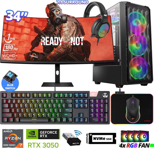 Delux X112 Ryzen 7 5700X 32GB Ram 512GB M.2 NVMe SSD 6GB RTX3050 34" 180Hz Curved Oyuncu Bilgisayarı