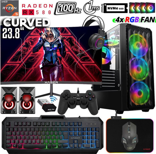 Xsr1037 Ryzen 5 3600 16GB Ram 512GB M.2 NVMe SSD 8GB RX580 23.8" 100Hz Curved Oyuncu Masaüstü Bilgisayarı