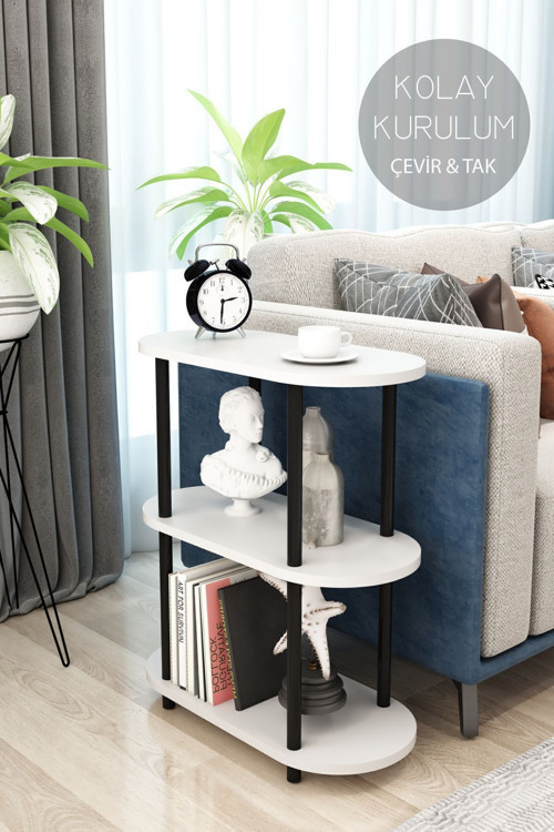 3 Raflı Oval Tasarım Çevir Tak Yan Sehpa Kitaplık Dekoratif Özel Tasarım