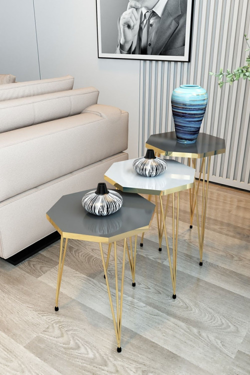 3'Lü Zigon Sehpa Gold Serisi Sekizgen Model Zigon Sehpa Metal Tel Ayak