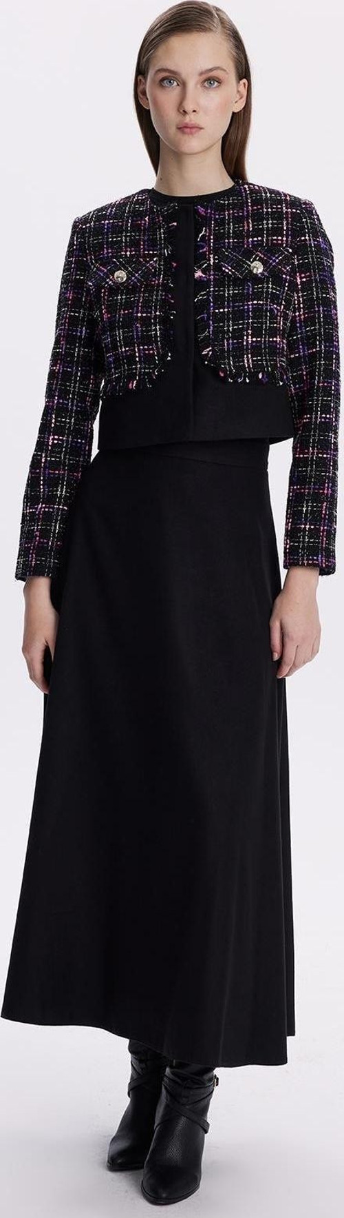 Tweed Desenli Düğme Detaylı Fuşya İkili Takım TK-1397