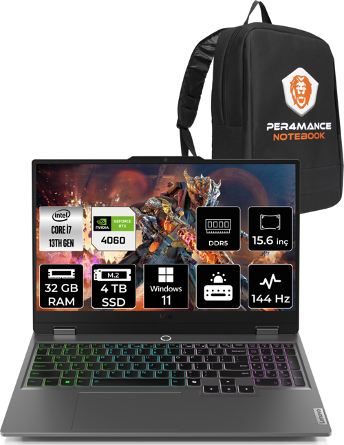 LOQ i7 13650HX 32GB 4TB SSD RTX4060/8GB 115W 144Hz 15.6" W11P Gaming Laptop & PER4 ÇANTA
