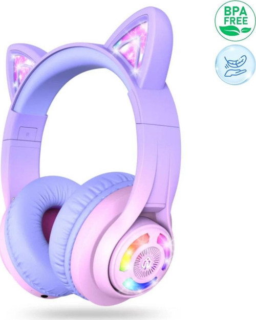 Kedi Kulaklı Led Işıklı Güvenli Ses Sınırlı 50 Saat Oynatma Süreli Bluetooth Çocuk Kulaklığı Granit Pembe