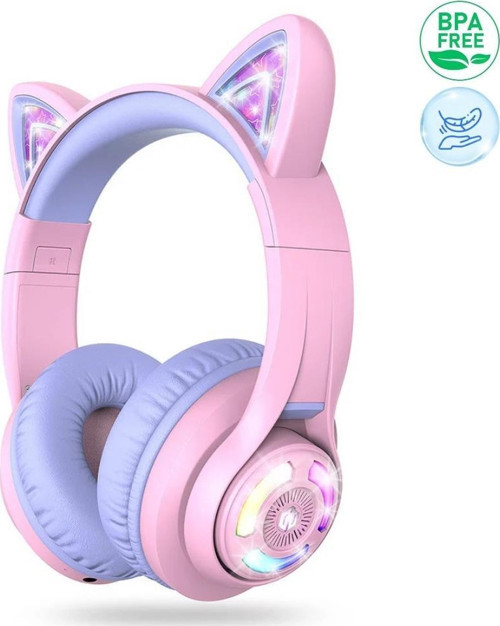 Kedi Kulaklı Led Işıklı Güvenli Ses Sınırlı 50 Saat Oynatma Süreli Bluetooth Çocuk Kulaklığı Lila