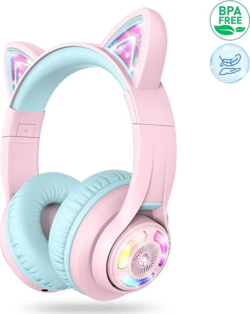 Kedi Kulaklı Led Işıklı Güvenli Ses Sınırlı 50 Saat Oynatma Süreli Bluetooth Çocuk Kulaklığı Pembe