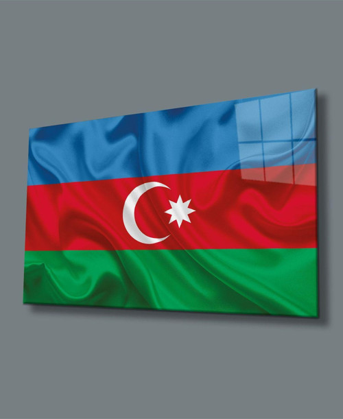 Dalgalı Azerbaycan Bayrağı Cam Tablo, Uv Baskılı Ve Temperli, Hediyelik