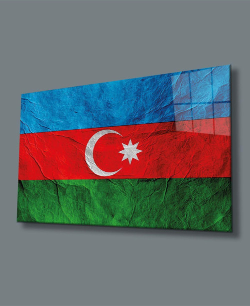 Dokulu Azerbaycan Bayrağı Cam Tablo, Uv Baskılı Ve Temperli, Hediyelik