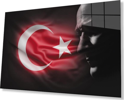 Atatürk Bayrak Atatürk Silüetli Gölgesiz Siyah Fonlu Cam Tablo 4Mm Dayanıklı Temperli Cam Atatürk