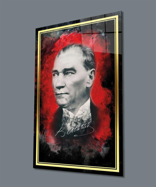 Gold Şerit Kırmızı Siyah Fonlu Atatürk Cam Tablo, Uv Baskılı Ve Temperli, Hediyelik