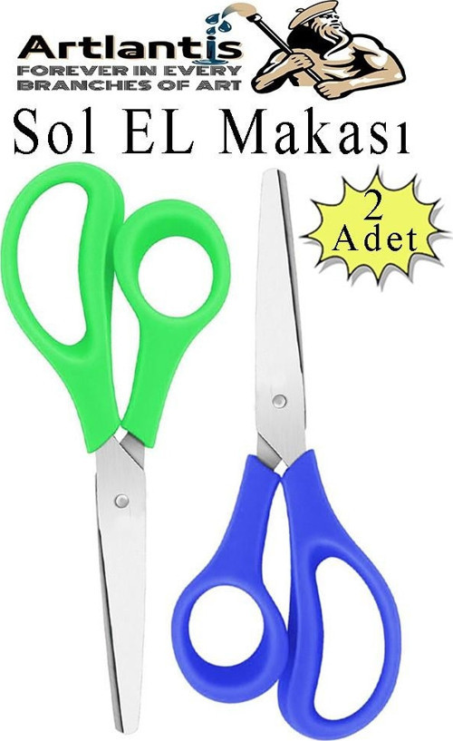 Sol El Makası 2 Adet Solak Okul Makası Plastik Saplı Solel İçin Makas Okul Öğrenci Makası Küt Uçlu Paslanmaz Çelik