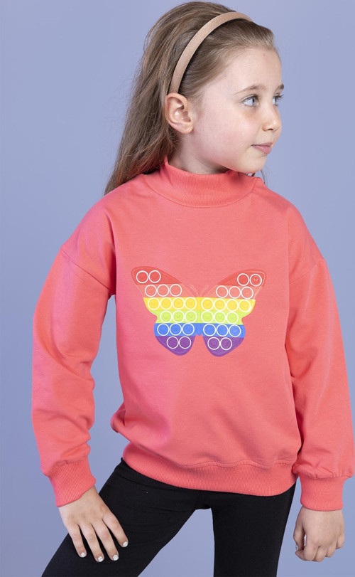 Toontoy Kız Çocuk Pamuklu Balıkçı Yaka Popıt Desenli Sweatshirt