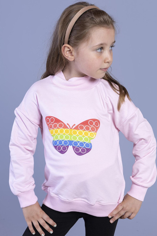 Toontoy Kız Çocuk Pamuklu Balıkçı Yaka Popıt Desenli Sweatshirt