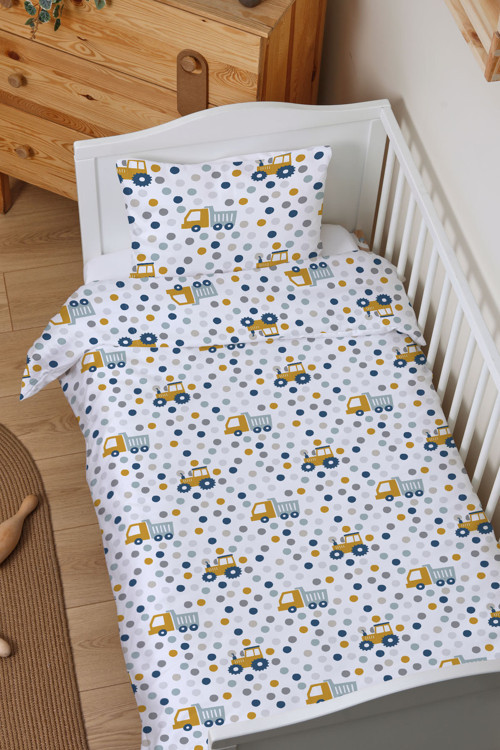 Organik Lastiksiz Çarşaflı Bebek Nevresim Takımı (100x150) - Hareketli Tekerlekler