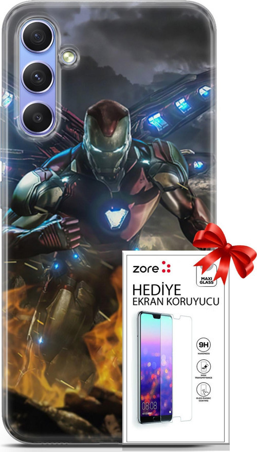 Samsung Galaxy A34 5G Kılıf Orijinal Seri Supers 30 Iron Man Kenarları Şeffaf Kapak Ve Ekran Koruyucu
