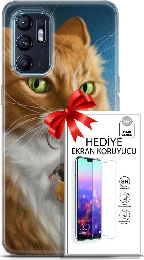 Oppo Reno 6 4G Kılıf Orijinal Seri Scotish-British 14 Sibirya Kedisi Avcı Cover Kılıf + Ön Ekran Koruyucu