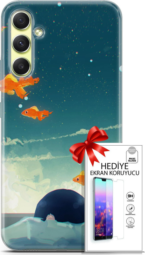 Samsung Galaxy A34 5G Kılıf Orijinal Seri Algorand 29 Uçan Balıklar Leke Tutmaz Kapak + Ekran Koruyucu