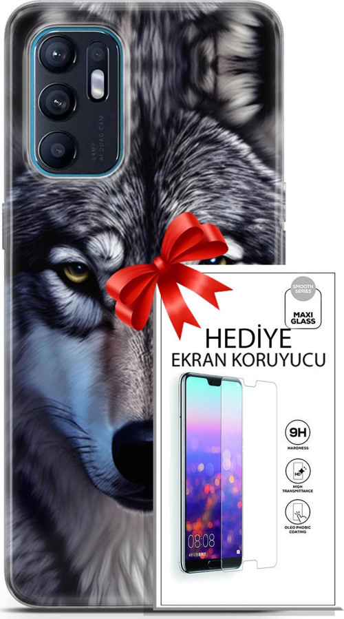 Oppo Reno 6 4G Kılıf Orijinal Seri Dogs 07 Kurt Yüz Desenli Kılıf + Ön Ekran Koruyucu