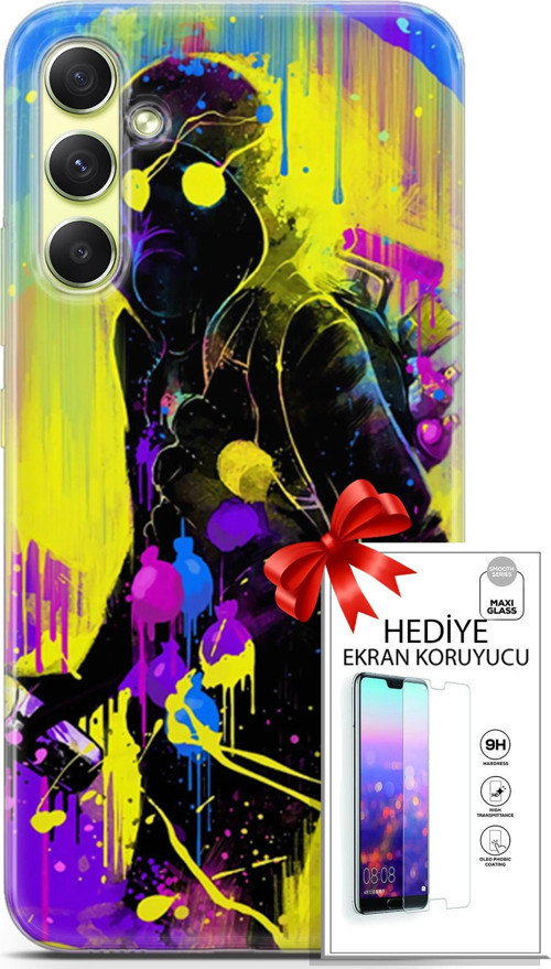 Samsung Galaxy A34 5G Kılıf Orijinal Seri Cardano 19 Sarı Mavi Mor Tam Koruma Kılıf + Ekran Koruyucu