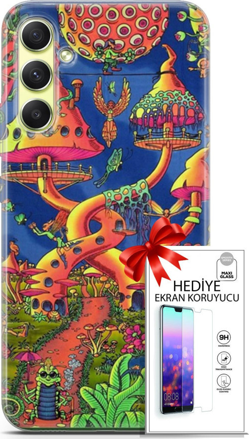 Samsung Galaxy A34 5G Kılıf Orijinal Seri Cardano 05 Mantar Evler Koruma Kılıfı + Ekran Koruyucu