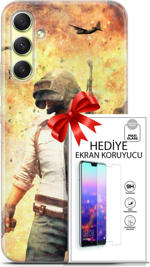 Samsung Galaxy A34 5G Kılıf Orijinal Seri Pubg 29 Uçak Paraşüt Leke Tutmaz Kapak + Ekran Koruyucu