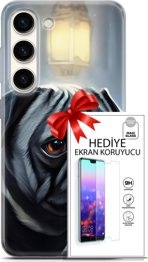 Samsung Galaxy S23 Kılıf Orijinal Seri Dogs 30 Pug Kenarları Şeffaf Kapak Ve Ekran Koruyucu