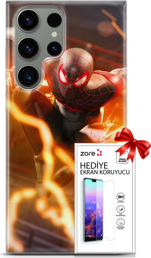 Samsung Galaxy S23 Ultra Kılıf Orijinal Seri Supers 15 Örümce Adam Kalın Silikon + Ekran Koruyucu