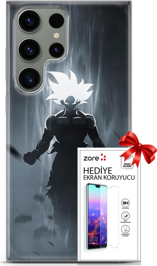 Samsung Galaxy S23 Ultra Kılıf Orijinal Seri Supers 27 Dark Goku Lazer Kesim Silikon Ekran Koruyucu