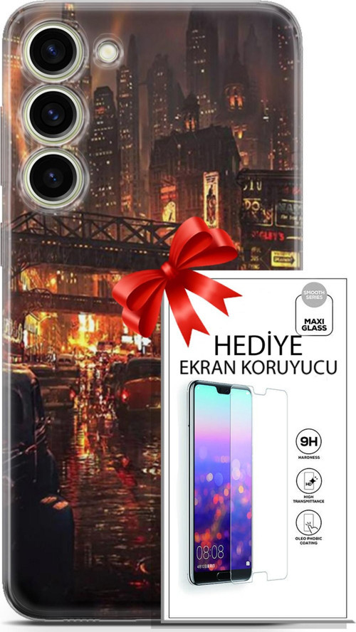 Samsung Galaxy S23 Plus Kılıf Orijinal Seri Cyberpunk 23 Gökdelenler Telefon Kabı Ve Ekran Koruyucu