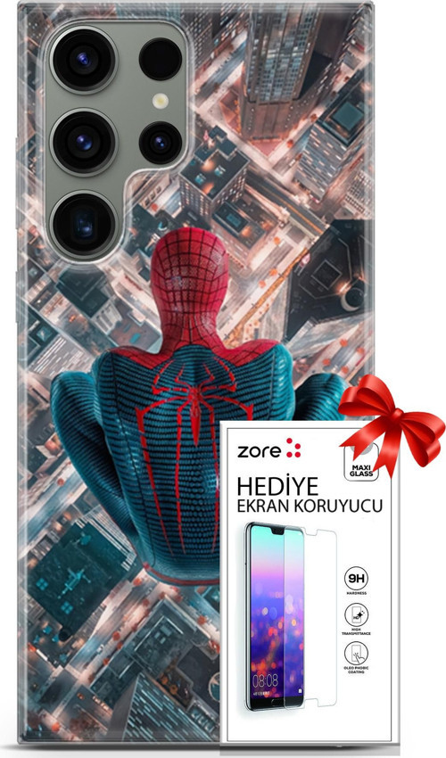 Samsung Galaxy S23 Ultra Kılıf Orijinal Seri Supers 07 Spider Man Newyork Desenli Kılıf + Ön Ekran Koruyucu