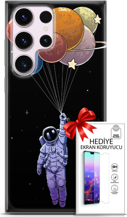 Samsung Galaxy S23 Ultra Kılıf Orijinal Seri Algorand 07 Uçan Balon Astronot Desenli Kılıf + Ön Ekran Koruyucu