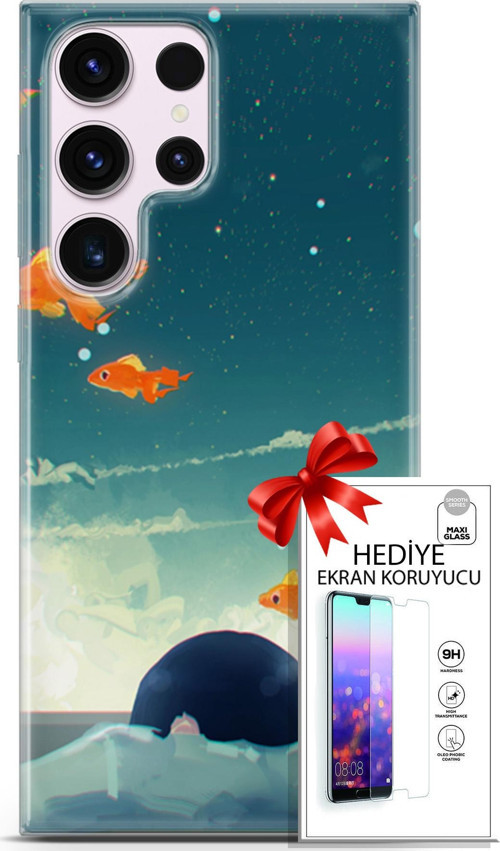 Samsung Galaxy S23 Ultra Kılıf Orijinal Seri Algorand 29 Uçan Balıklar Leke Tutmaz Kapak + Ekran Koruyucu