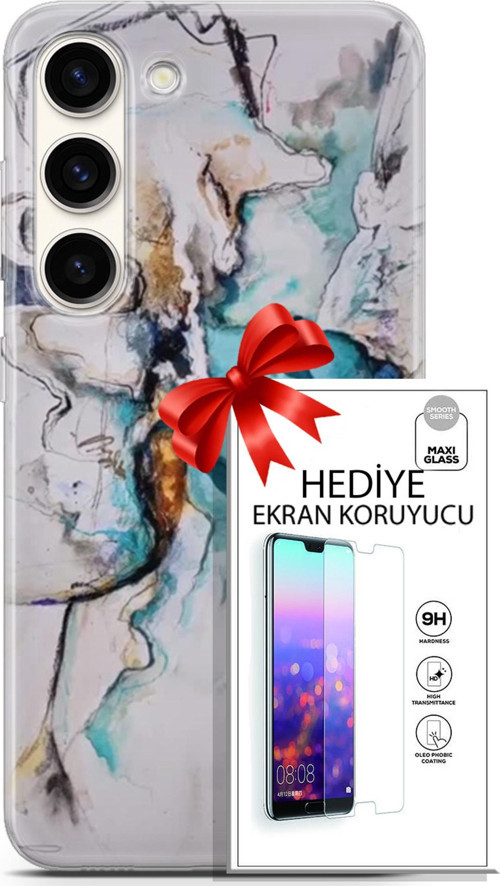 Samsung Galaxy S23 Kılıf Orijinal Seri Soul 11 Turkuaz 4K Baskılı Kılıf + Ekran Koruyucu Full Koruma