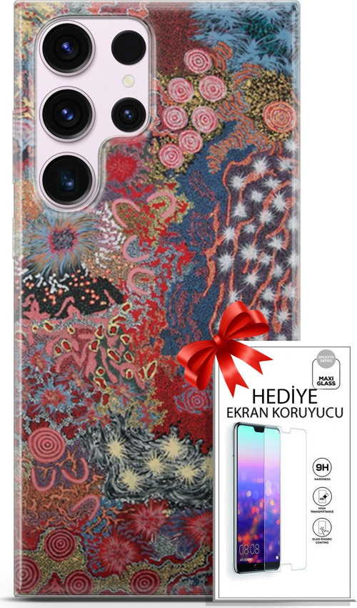 Samsung Galaxy S23 Ultra Kılıf Orijinal Seri Cardano 07 Suluboya Desenli Kılıf + Ön Ekran Koruyucu