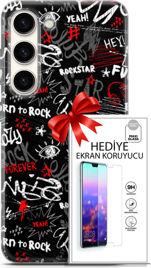 Samsung Galaxy S23 Kılıf Orijinal Seri Punky 25 Yeah Rock Soyulmayan Kılıf + Ekran Koruyucu Full Koruma