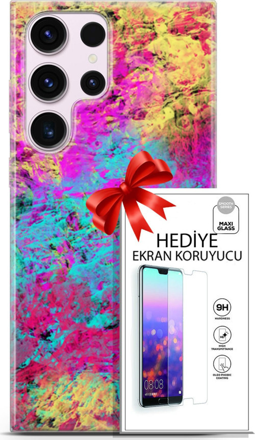 Samsung Galaxy S23 Ultra Kılıf Orijinal Seri Nature 29 Çok Renkli Leke Tutmaz Kapak + Ekran Koruyucu
