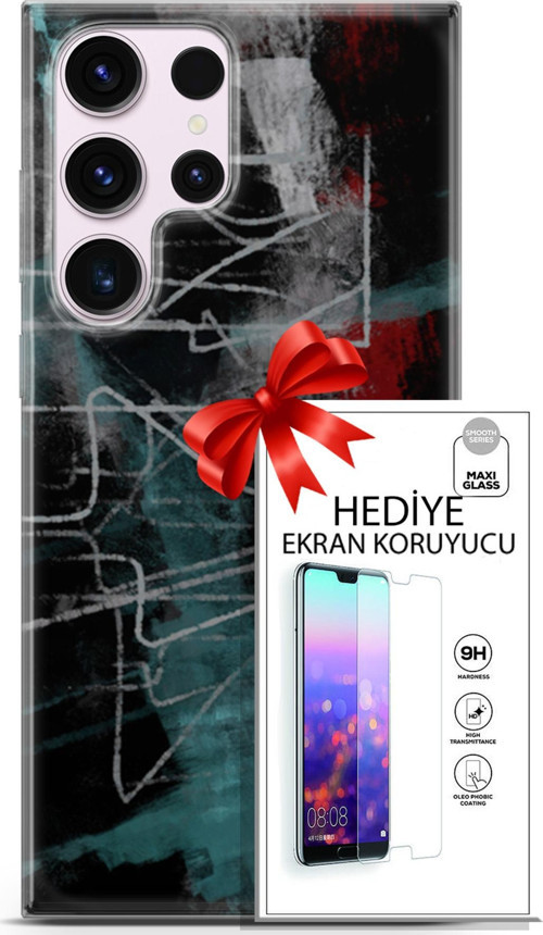 Samsung Galaxy S23 Ultra Kılıf Orijinal Seri Nature 07 Gri Çizgiler Desenli Kılıf + Ön Ekran Koruyucu